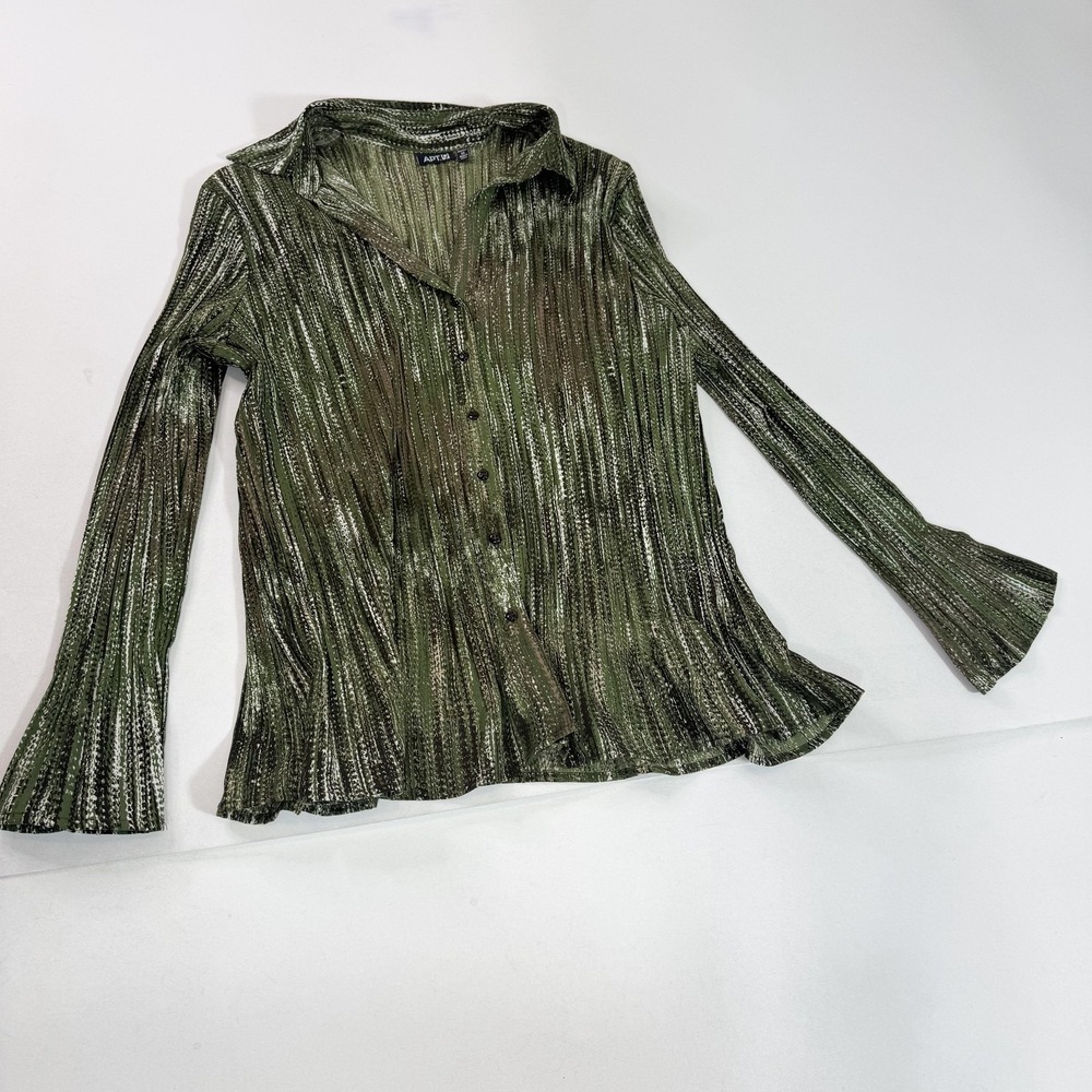 Apt. 9 Shirt Womens 3X Green Pleated Stretch Button Front Bell Sleeve Striped
